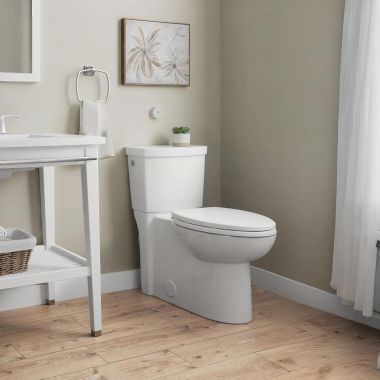Click here to see American Standard 2989709.020 American Standard Cadet One-Piece Skirted Touchless Toilet with Seat, Elongated, Chair Height, 1.28 GPF, 12