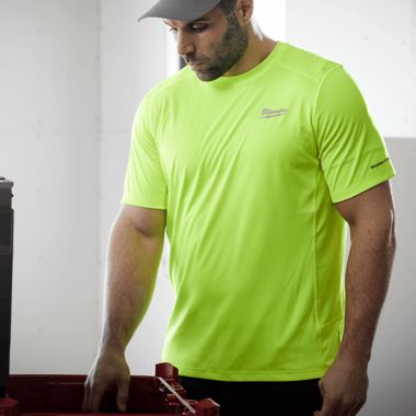 Click here to see Milwaukee 414HV-L Milwaukee High Visibility Large WORKSKIN Lightweight Performance Shirt, Short Sleeve with Sun Protection and Anti-microbial Treatment - 414HV-L