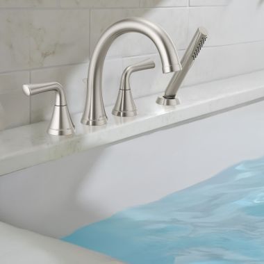 Click here to see Delta T4733-SS Delta Kayra Roman Tub Faucet Trim w/ 1-Setting Hand Shower, Stainless - T4733-SS