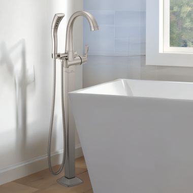 Click here to see Delta T4777-SSFL Delta Stryke Freestanding Tub Filler Trim with 1.75 GPM Single-Setting Hand Shower, H2Okinetic, Lever Handle, Stainless - T4777-SSFL