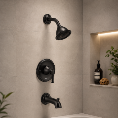 Click here to see  T2183EPBL Moen Dartmoor Posi-Temp Tub/Shower Faucet, 1.75 GPM, 1-Function, Single Lever Handle, M-PACT, Eco-Performance, Matte Black - T2183EPBL