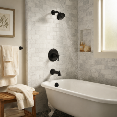 Click here to see  T2183BL Moen Dartmoor Posi-Temp Tub/Shower Faucet, 2.5 GPM, 1-Function, Single Lever Handle, M-PACT, Matte Black - T2183BL