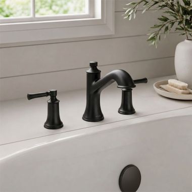 Click here to see  T683BL Moen Dartmoor Two-Handle Roman Tub Faucet Trim, High Arc Spout, Lever Handles, ADA-Compliant, M-PACT, Matte Black - T683BL