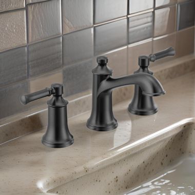 Click here to see Moen T68085BL Moen Dartmoor Two-Handle Widespread Matte Black Bathroom Faucet, 1.2 GPM, 60 PSI, WaterSense, Lever Handles, Three-Holes - T6805BL