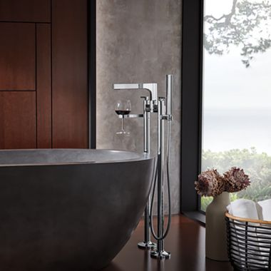 Click here to see Brizo T71766-PC Brizo Floor Mount Tub Filler Unions with Dual Column Design, Solid Brass Construction, Insulated, Polished Chrome - T71766-PC