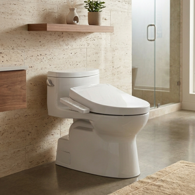Click here to see Toto CST644CEFGT40#01 TOTO Carolina II One-Piece Elongated Toilet, Single Flush, Universal Height, 1.28 GPF, WASHLET+ and Auto Flush Ready, Cotton White - CST644CEFGT40#01