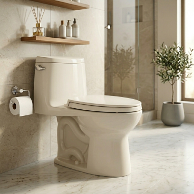 Click here to see Toto MS604124CEFG#12 TOTO UltraMax II Elongated One-Piece Toilet with SS124 SoftClose Seat, 1.28 GPF, CEFIONTECT, Sedona Beige - MS604124CEFG#12