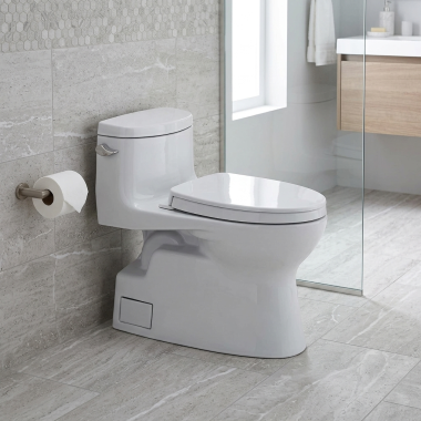 Click here to see Toto MS644124CEFG#01 TOTO Carolina II One-Piece Skirted Elongated Toilet with SS124 SoftClose Seat, CEFIONTECT, Cotton White - MS644124CEFG#01