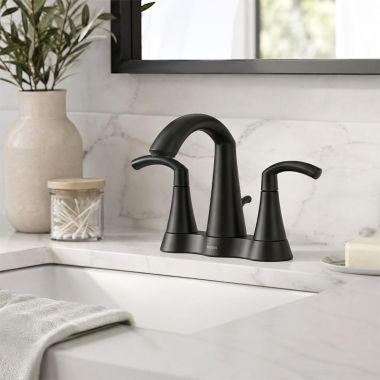 Click here to see  6172BL Moen Glyde Two-Handle Centerset Bathroom Faucet with Pop-Up Drain, Lever Handle, 1.2 GPM, Matte Black - 6172BL