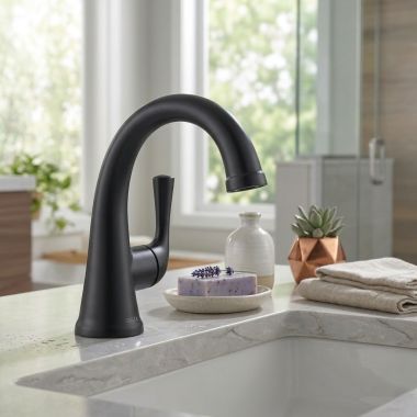 Click here to see Delta 533LF-BLMPU Delta Kayra Single-Handle Bathroom Faucet, 1.2 GPM, Matte Black - 533LF-BLMPU