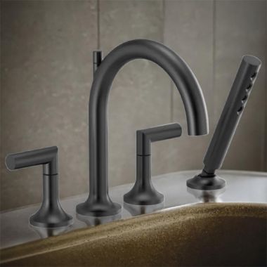 Click here to see Brizo T67475-BLLHP Brizo Odin Two-Handle Roman Tub Faucet Trim with H2Okinetic Hand Shower, 4-Hole, Arc-Spout, 1.75 GPM, Matte Black - T67475-BLLHP
