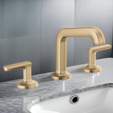 Click here to see Brizo 65307LF-GLLHP Brizo Kintsu Two-Handle Widespread Lavatory Faucet with Angled Spout, Less Handles, Deck Mount, 1.5 GPM, Brilliance Luxe Gold - 65307LF-GLLHP