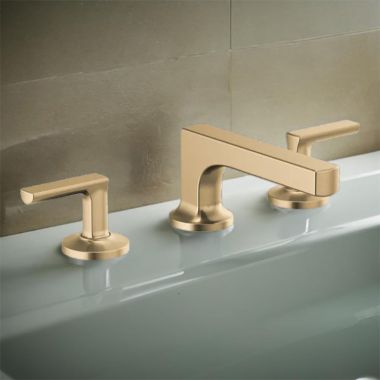 Click here to see Brizo 65308LF-GLLHP Brizo Kintsu Two-Handle Widespread Lavatory Faucet w/ Low Spout, Less Handles, Deck Mount, 1.5 GPM, Brilliance Luxe Gold - 65308LF-GLLHP