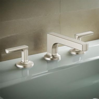 Click here to see Brizo 65308LF-NKLHP Brizo Kintsu Two-Handle Widespread Lavatory Faucet w/ Low Spout, Less Handles, Deck Mount, 1.5 GPM, Brilliance Luxe Nickel - 65308LF-NKLHP