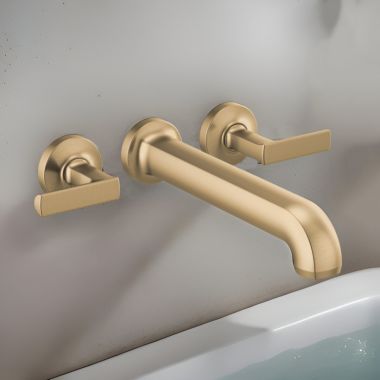 Click here to see Brizo T70406-GLLHP Brizo Kintsu Two-Handle Wall-Mount Tub Faucet Trim, 3-Hole, 9.3 GPM, Solid Brass, Less Handles, Brilliance Luxe Gold - T70406-GLLHP