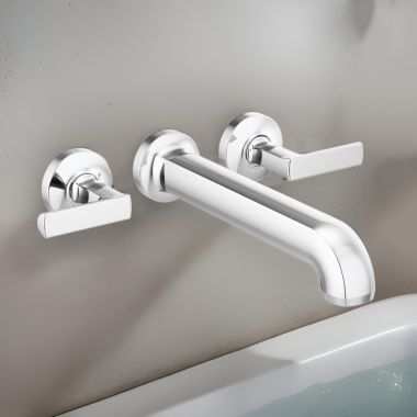 Click here to see Brizo T70406-PCLHP Brizo Kintsu Two-Handle Wall-Mount Tub Faucet Trim, 3-Hole, 9.3 GPM, Solid Brass, Less Handles, Polished Chrome - T70406-PCLHP