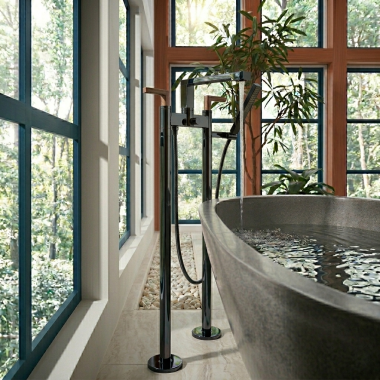 Click here to see  T71766-BNX Brizo Floor Mount Tub Filler Unions with Dual Column Design, Insulated, Brilliance Black Onyx - T71766-BNX