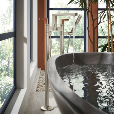 Click here to see Brizo T71766-NK Brizo Floor Mount Tub Filler Unions with Dual Column Design, Insulated, Brilliance Luxe Nickel - T71766-NK