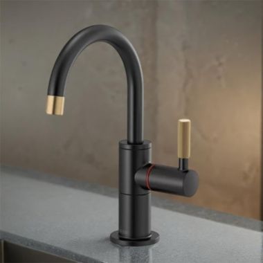 Click here to see Brizo 61343LF-H-BLGL Brizo Litze Instant Hot Water Faucet with Arc Spout and Knurled Handle, 1.0 GPM, Matte Black/Brilliance Luxe Gold - 61343LF-H-BLGL