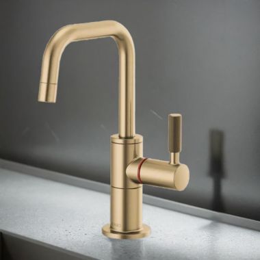 Click here to see Brizo 61353LF-H-GL Brizo Litze Instant Hot Water Faucet with Square Spout and Knurled Handle, 1.0 GPM, Brilliance Luxe Gold - 61353LF-H-GL