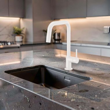 Click here to see Brizo 63065LF-MWLHP Brizo Jason Wu Two-Function Pull-Down Kitchen Faucet With Square Swivel Spout, DIAMOND Seal, 1.8 GPM, Matte White - 63065LF-MWLHP
