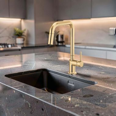 Click here to see  63065LF-PGLHP Brizo Odin Two-Function Pull-Down Kitchen Faucet With Square Swivel Spout, DIAMOND Seal, 1.8 GPM, Brilliance Polished Gold - 63065LF-PGLHP
