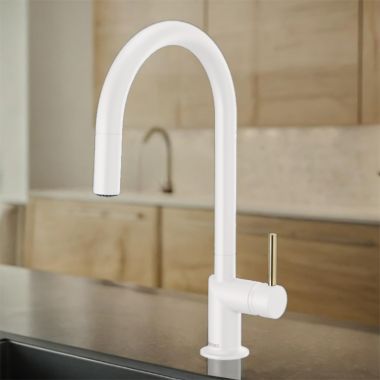 Click here to see Brizo 63075LF-MWLHP Brizo Jason Wu Single Handle Pull-Down Kitchen Faucet with Swivel Spout, MagneDock, DIAMOND Seal, Two Function, 1.8 GPM, Matte White - 63075LF-MWLHP