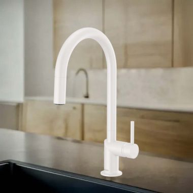 Click here to see DELTA FAUCETS COMPANY 63075LF-MWLHP Brizo Jason Wu Pull-Down Kitchen Faucet With Swivel Spout, DIAMOND Seal, Two-Function, 1.8 GPM, Matte White - 63075LF-MWLHP