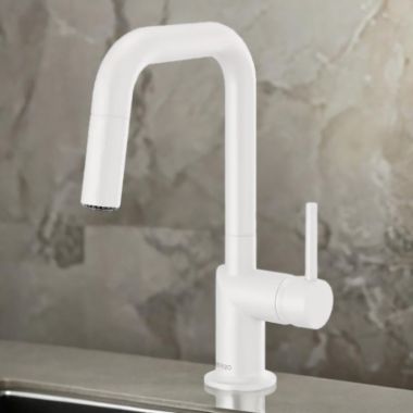 Click here to see Brizo 63965LF-MWLHP Brizo Jason Wu Single Handle Pull-Down Bar Faucet with Swivel Spout, MagneDock, Two Function, 1.8 GPM, Matte White - 63965LF-MWLHP