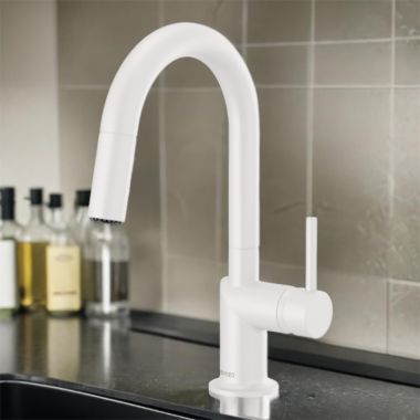 Click here to see Brizo 63975LF-MWLHP Brizo Jason Wu Single Handle Pull-Down Bar Faucet with High-Arc Swivel Spout, MagneDock, Two Function, 1.8 GPM, Matte White - 63975LF-MWLHP