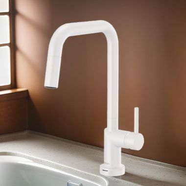 Click here to see Brizo 64065LF-MWLHP Brizo Jason Wu SmartTouch Pull-Down Kitchen Faucet with Square Swivel Spout, MagneDock, Two Function, 1.8 GPM, Matte White - 64065LF-MWLHP
