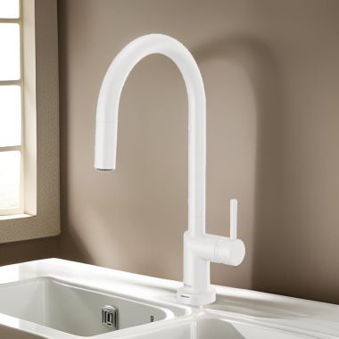 Click here to see Brizo 64075LF-MWLHP Brizo Jason Wu Pull-Down Kitchen Faucet with SmartTouch, Swivel Spout, MagneDock, Two Function, 1.8 GPM, Matte White - 64075LF-MWLHP