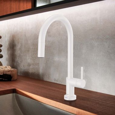 Click here to see Brizo 64075LF-MWLHP Brizo Jason Wu Pull-Down Kitchen Faucet with SmartTouch, Swivel Spout, MagneDock, Two Function, 1.8 GPM, Matte White - 64075LF-MWLHP