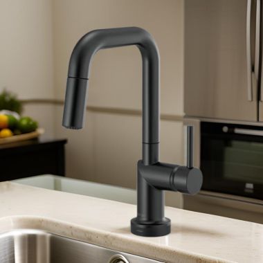 Click here to see Brizo 64965LF-BLLHP Brizo Odin SmartTouch Pull-Down Prep Kitchen Faucet with Square Spout, Diamond Seal Technology, MagneDock Magnetic Docking, Touch-Clean, 1.8 GPM, Matte Black - 64965LF-BLLHP