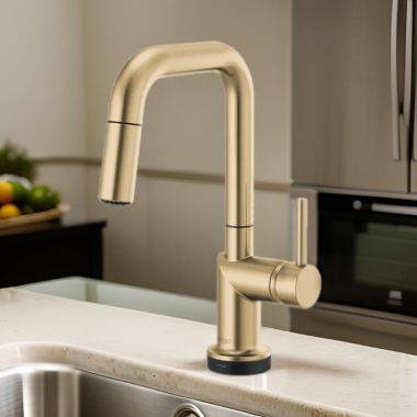 Click here to see Brizo 64965LF-GLLHP Brizo Odin SmartTouch Pull-Down Prep Kitchen Faucet with Square Spout, Diamond Seal Technology, MagneDock Magnetic Docking, Touch-Clean, 1.8 GPM, Brilliance Luxe Gold - 64965LF-GLLHP