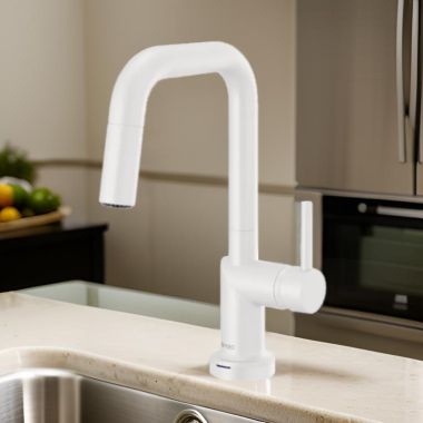 Click here to see Brizo 64965LF-MWLHP Brizo Jason Wu SmartTouch Pull-Down Prep Kitchen Faucet with Square Spout, Diamond Seal Technology, MagneDock Magnetic Docking, Touch-Clean, 1.8 GPM, Matte White - 64965LF-MWLHP