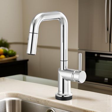 Click here to see Brizo 64965LF-PCLHP Brizo Odin SmartTouch Pull-Down Prep Kitchen Faucet with Square Spout, Diamond Seal Technology, MagneDock Magnetic Docking, Touch-Clean, 1.8 GPM, Polished Chrome - 64965LF-PCLHP