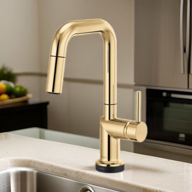Click here to see Brizo 64965LF-PGLHP Brizo Odin SmartTouch Pull-Down Prep Kitchen Faucet w/ Square Spout, 1.8 GPM, Brilliance Polished Gold - 64965LF-PGLHP