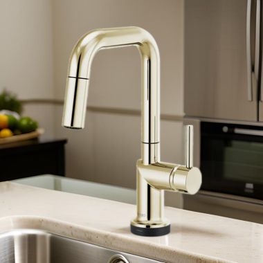 Click here to see Brizo 64965LF-PNLHP Brizo Odin SmartTouch Pull-Down Prep Kitchen Faucet with Square Spout, Diamond Seal Technology, MagneDock Magnetic Docking, Touch-Clean, 1.8 GPM, Brilliance Polished Nickel - 64965LF-PNLHP