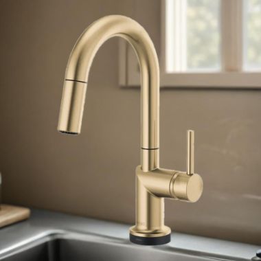 Click here to see Brizo 64975LF-GLLHP Brizo Odin Brilliance Luxe Gold SmartTouch Pull-Down Bar/Prep Faucet with Arc Spout, Diamond Seal Technology, MagneDock Magnetic Docking, Touch-Clean, 1.8 GPM - 64975LF-GLLHP