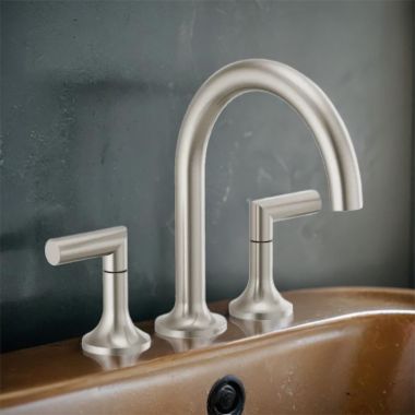Click here to see Brizo T67375-BNLHP Brizo Odin Two-Handle Roman Tub Faucet Trim, 3-Hole, Arc-Spout, 1.75 GPM, WaterSense, Less Handles, Brilliance Brushed Nickel - T67375-BNLHP