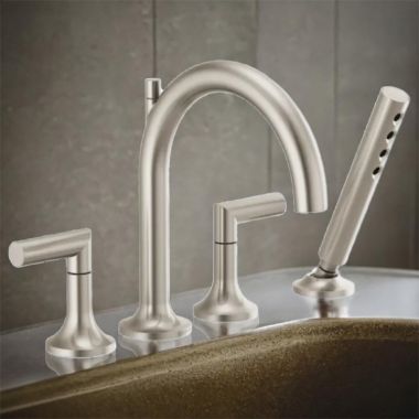 Click here to see Brizo T67475-BNLHP Brizo Odin Two-Handle Roman Tub Faucet Trim with H2Okinetic Hand Shower, 4-Hole, Arc-Spout, 1.75 GPM, Brilliance Brushed Nickel - T67475-BNLHP
