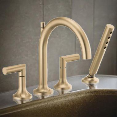 Click here to see Brizo T67475-GLLHP Brizo Odin Two-Handle Roman Tub Faucet Trim with H2Okinetic Hand Shower, 4-Hole, Arc-Spout, 1.75 GPM, Brilliance Luxe Gold - T67475-GLLHP