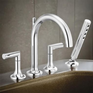 Click here to see Brizo T67475-PCLHP Brizo Odin Two-Handle Roman Tub Faucet Trim with H2Okinetic Hand Shower, 4-Hole, Arc-Spout, 1.75 GPM, Polished Chrome - T67475-PCLHP