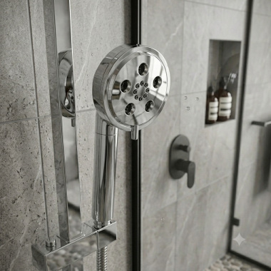 Click here to see  RP101288PC Brizo Essential Multi-Function Handshower with Dual-Check Valve, 3-Setting, H2Okinetic, 1.75 GPM, Polished Chrome - RP101288PC