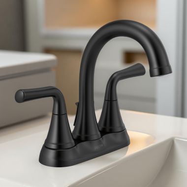 Click here to see Delta 2533LF-BLTP Delta Kayra Two Handle Centerset Bathroom Faucet with 50/50 Pop-Up Drain, Tract-Pack, ADA, 1.0 GPM, Matte Black - 2533LF-BLTP