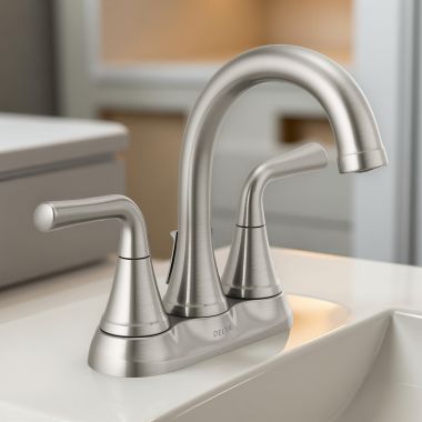 Click here to see Delta 2533LF-SSMPU Delta Kayra Two Handle Centerset Bathroom Faucet with Metal Pop-Up Drain, ADA, 1.0 GPM, Stainless - 2533LF-SSMPU