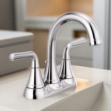 Click here to see Delta 2533LF-TP Delta Kayra Two Handle Centerset Bathroom Faucet with 50/50 Pop-Up Drain, Tract-Pack, ADA, 1.0 GPM, Chrome - 2533LF-TP