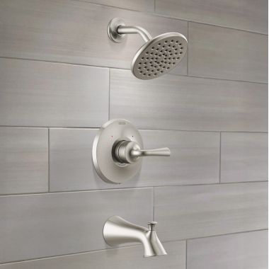 Click here to see Delta T14433-SS Delta Kayra Monitor 14 Series Tub & Shower Trim, Touch-Clean, Lever Handle, ADA, 1.75 GPM, Stainless - T14433-SS