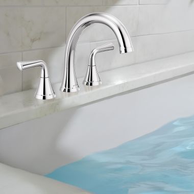 Click here to see Delta T2733 Delta Kayra Two-Handle Roman Tub Faucet Trim, High-Arc Spout, Lever Handles, ADA-Compliant, Chrome - T2733